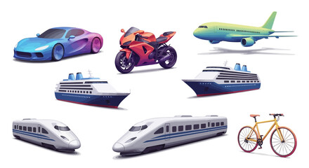 Obraz premium A vibrant collection of modern transportation vehicles, featuring sleek designs for land, air, and sea travel, embodying dynamic global mobility and illustrative appeal