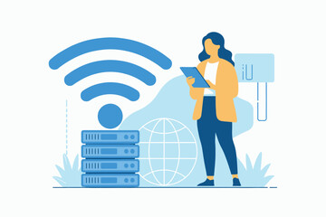 Woman interacts with digital network servers and wi-fi signal for modern business technology and connectivity concepts transparent background
