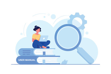 Woman reading on stack of books next to magnifying glass symbolizing research and learning online transparent background