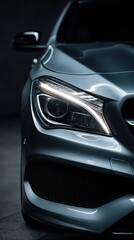 Stunning photo of closeup view of car front headlight showcasing modern design and highend automotive craftsmanship against a dark background.