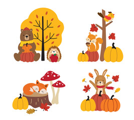 Fall woodland animals vector illustration features a bear, fox, squirrel, rabbit, bird, and hedgehog in an autumn forest scene with pumpkins and fall leaves.