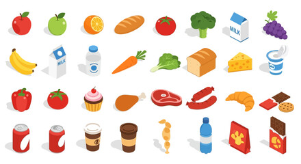Isometric collection of 3D food and drink icons representing a variety of grocery store products for nutritional concepts