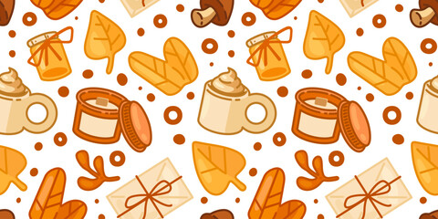 Seamless Autumn Coffee Cozy Pattern. Coffee mugs, candle, honey jar and autumn leaves in cartoon flat style. Seamless colorful pattern on white background.