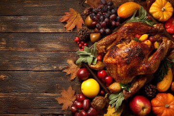 Thanksgiving roasted turkey with autumn fruits and vegetables on rustic wooden table.