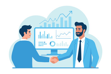 Business professionals shaking hands in front of financial data charts and graphs for collaboration transparent background