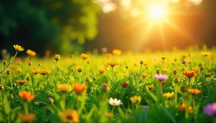 Golden hour sunlight bathes a lush green meadow dotted with wildflowers, creating a vibrant summer scene Perfect for nature, travel, and seasonal themes , wild, beauty, light