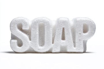 Foamy white soap bar in the shape of letters on white background.