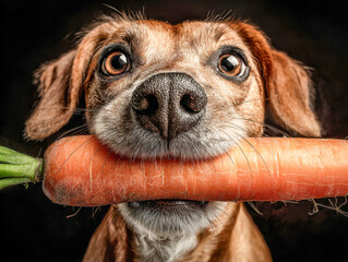 Curious dog holding a large fresh carrot in its mouth with intense expressive eyes against a dark background in an adorable close-up portrait