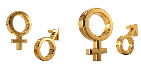 Golden male and female symbols, isolated on transparent background