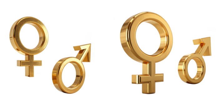 Golden male and female symbols, isolated on transparent background