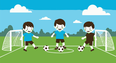 Children playing football on a grassy field with soccer balls and goals under a bright sky with clouds