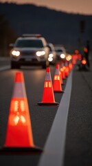 Stunning photo of roadside traffic cones signal DUI checkpoint. Law enforcement control traffic flow on roadway. Cautionary markers direct drivers. Evening light illuminates.