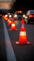 Stunning photo of roadside traffic cones signal DUI checkpoint. Law enforcement control traffic flow on roadway. Cautionary markers direct drivers. Evening light illuminates.