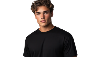 Young man standing with crossed arms, wearing a casual black shirt on a White background in a portrait style view