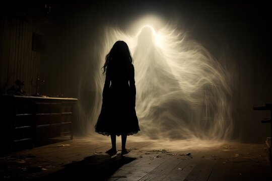 Haunting figure of ghostly child in dark interior room. Dramatic and chilling scene for mystery projects, Halloween invitations or horror digital art