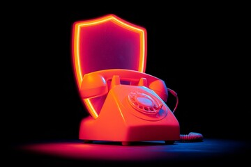 Retro red rotary phone with neon shield symbolizing communication security.