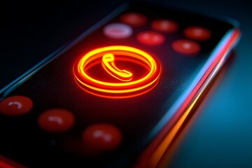 Glowing neon telephone icon on smartphone screen.