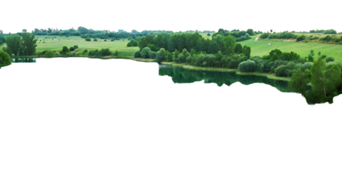 Green fields and lake landscape with trees isolated on a transparent background nature