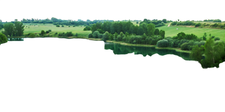 Green fields and lake landscape with trees isolated on a transparent background nature