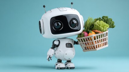 Cute robot holding basket of fresh vegetables against blue background.
