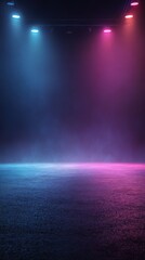 Stunning photo of empty dark blue, purple, pink background, neon light, spotlights, The asphalt floor and studio room with smoke float up the interior texture for display.
