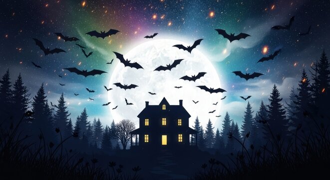 Spooky haunted house silhouette with bats flying in front of a full moon at night