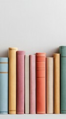 Stunning photo of row of books on white background, various sizes and colors, book spines aligned, minimalist composition, pastel and earth tones, literature concept, education.