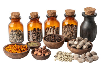 Mushroom assortment in bowls and bottles with sage for culinary and medicinal uses