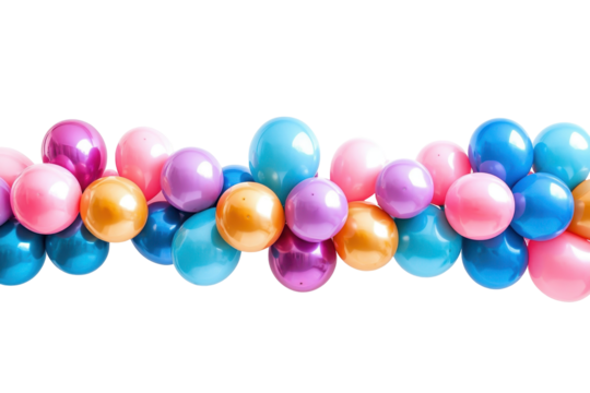 Colorful assortment of balloons and pearls creates a celebratory border isolated on a transparent background