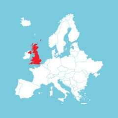 Europe map. Vector Europe map with United Kingdom highlighted in red, isolated on blue background.