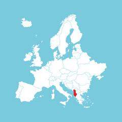 Europe map. Vector Europe map with Albania highlighted in red, isolated on blue background.