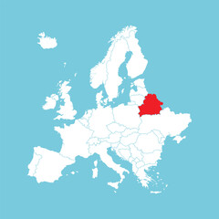 Europe map. Vector Europe map with Belarus highlighted in red, isolated on blue background.