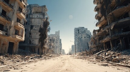 Stunning photo of empty street of burnt up city. Apocalyptic view of city downtown as disaster film poster concept. City destroyed by war.