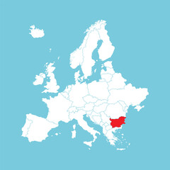 Europe map. Vector Europe map with Bulgaria highlighted in red, isolated on blue background.
