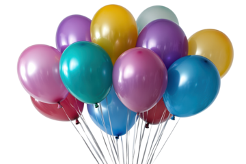 Colorful assortment of balloons and pearls creates a celebratory border isolated on a transparent background