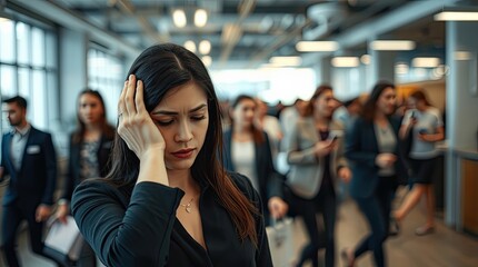 Stress and anxiety at work illustrated with female employee.