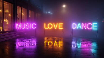 Neon signs reflecting on wet urban street at night in foggy atmosphere