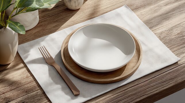 Stunning photo of white fabric placemat sits atop a wooden tabletop in this realistic digital mockup of home decor._00003_.