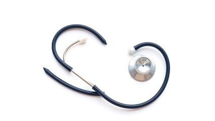 Isolated stethoscope with black tubing and silver chest piece on a clean white background is displayed