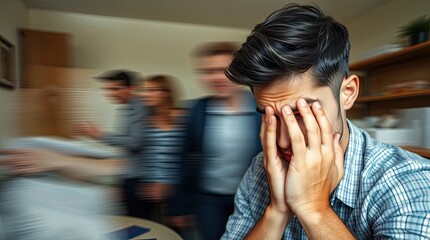 Workplace tension and burnout concept in chaotic blurred setting.