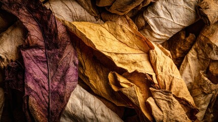 Pile of faded autumn leaves displays a range of colors and textures in a close-up