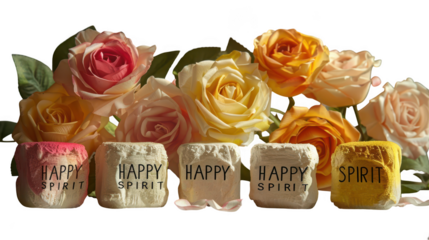 A vibrant arrangement of roses and small decorative blocks with inspirational words like happy and spirit, isolated on transparent background