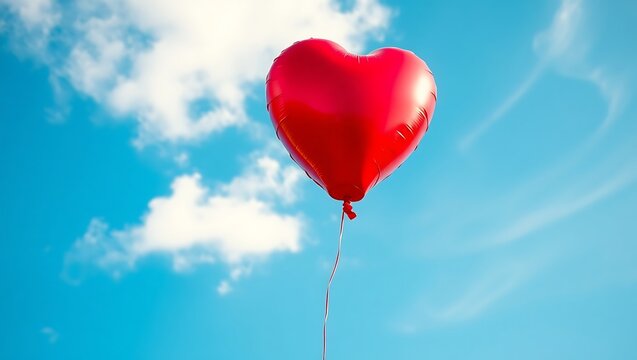 A vibrant red heart shaped balloon floats against a bright blue sky with fluffy white clouds above - Powered by Adobe
