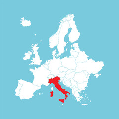 Europe map. Vector Europe map with Italy highlighted in red, isolated on blue background.