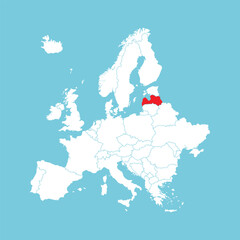 Europe map. Vector Europe map with Latvia highlighted in red, isolated on blue background.