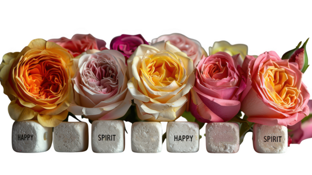 A row of colorful roses with small stone blocks in front, each with a word like happy and spirit written on it, isolated on transparent background