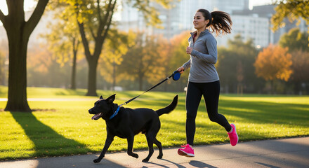 Woman jogging with black Labrador dog in city park