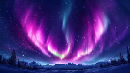 Vibrant purple and pink aurora lights brilliantly illuminate the starry night sky, dancing above a serene snowy landscape with mountains and evergreen trees.
