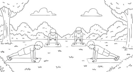 Obraz premium Push-Up Exercise Demonstration Black and White Illustration of Fitness and Exercise for Beginners