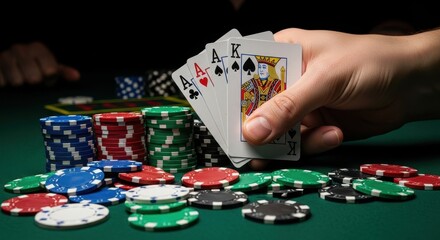 A man holding a strong poker hand with multiple aces on a green casino table with stacks of colorful poker chips.
